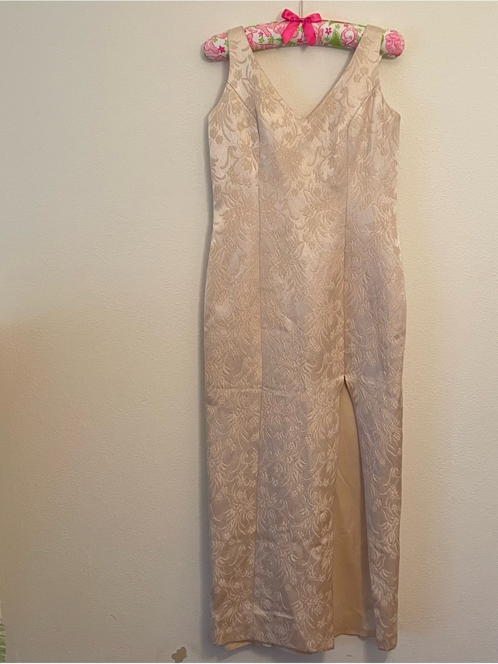 Vntg Metallic Brocade Evening Gown Champagne High Slit Size M Madmen‎ Glamour